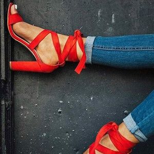 Red chunky heels sandal